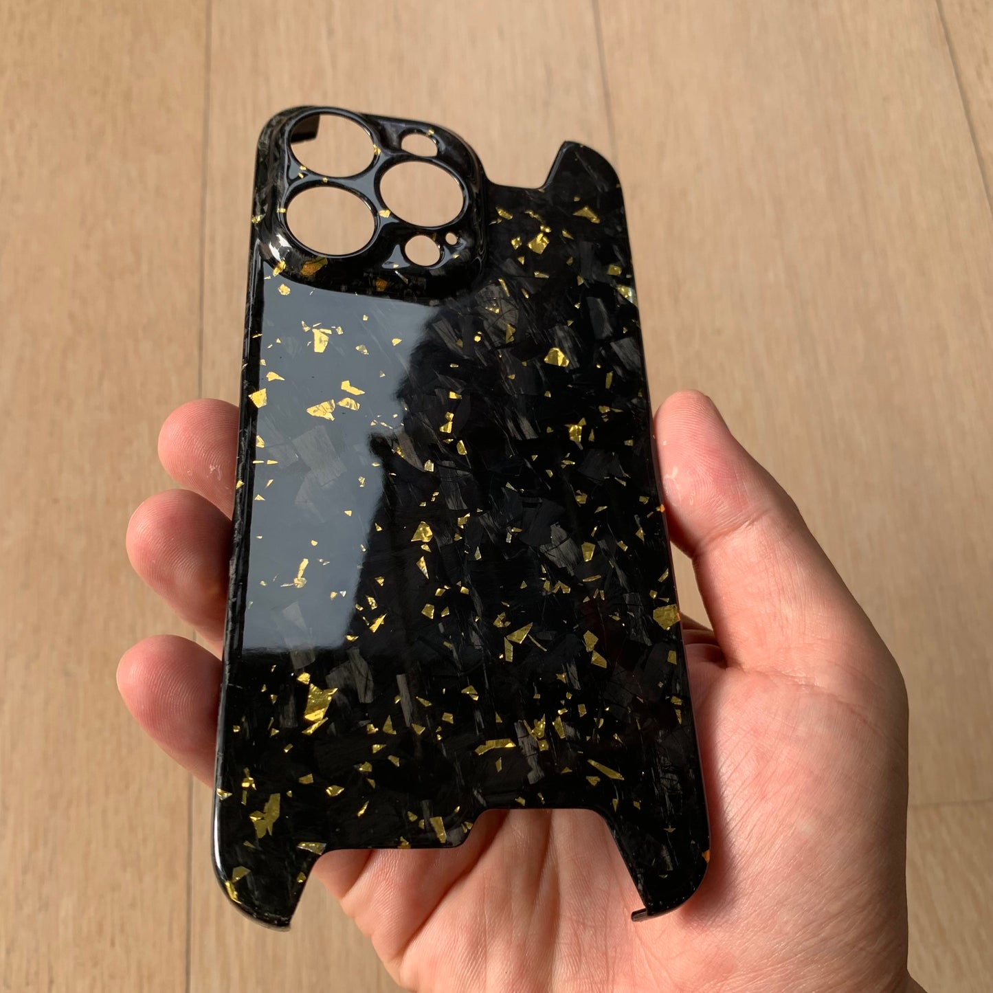 iPhone 14 15 Pro / Max Real Glossy Forged Carbon Case with Gold Flakes