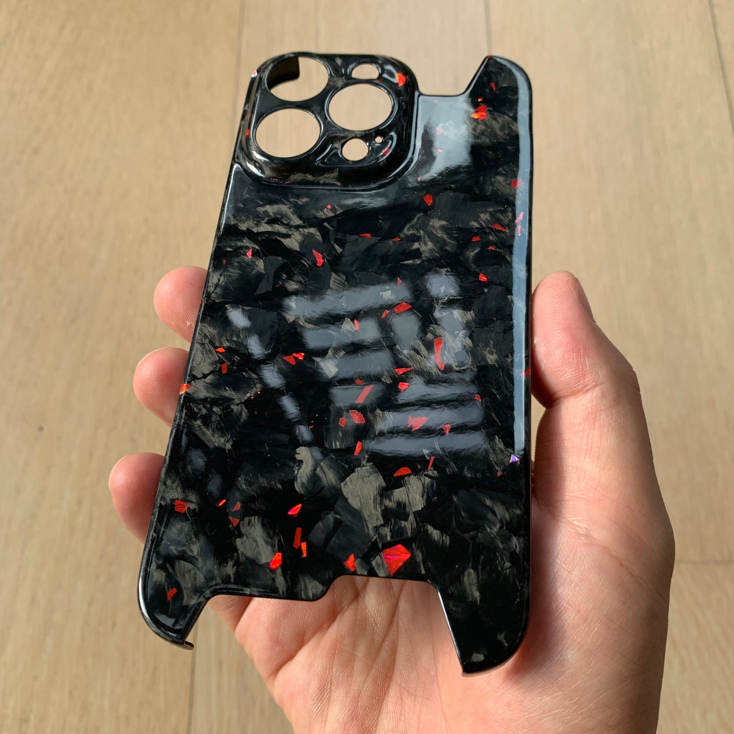 iPhone 14 15 Pro / Max Real Glossy Forged Carbon Case with Red Flakes