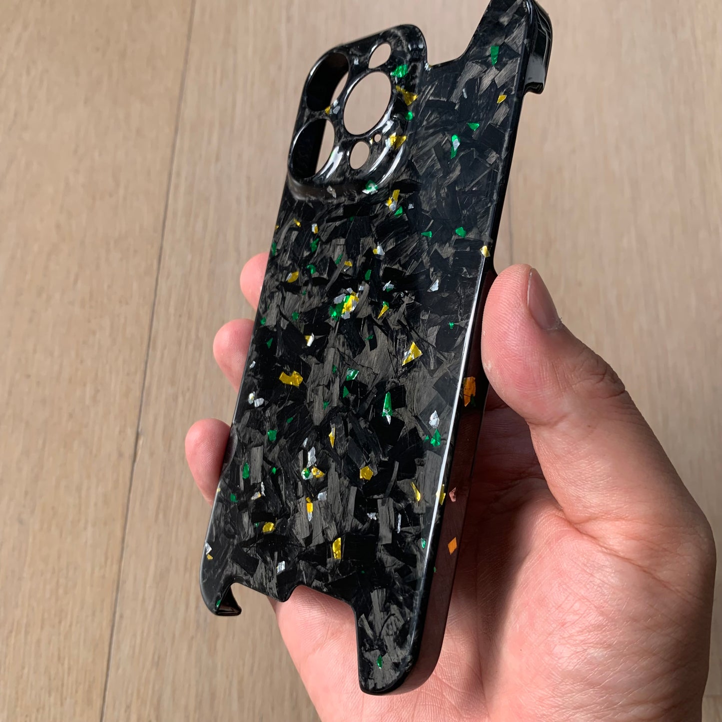 iPhone 14 15 Pro / Max Real Glossy Forged Carbon Case with Green/Gold/White Flakes