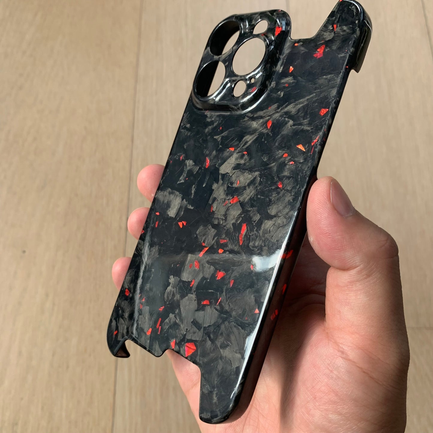 iPhone 14 15 Pro / Max Real Glossy Forged Carbon Case with Red Flakes