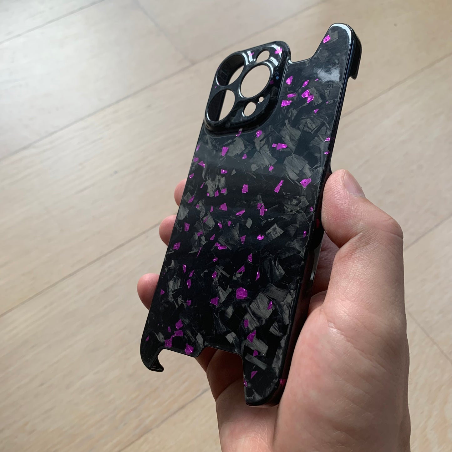 iPhone 13 14 15 Pro Max Real Forged Glossy Carbon Fiber Phone Case with Purple Fragments