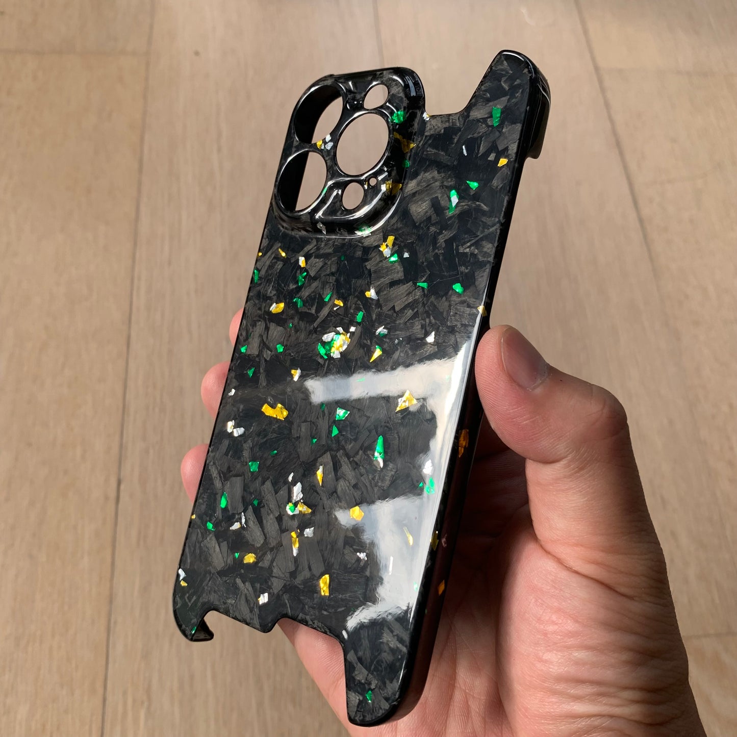 iPhone 14 15 Pro / Max Real Glossy Forged Carbon Case with Green/Gold/White Flakes