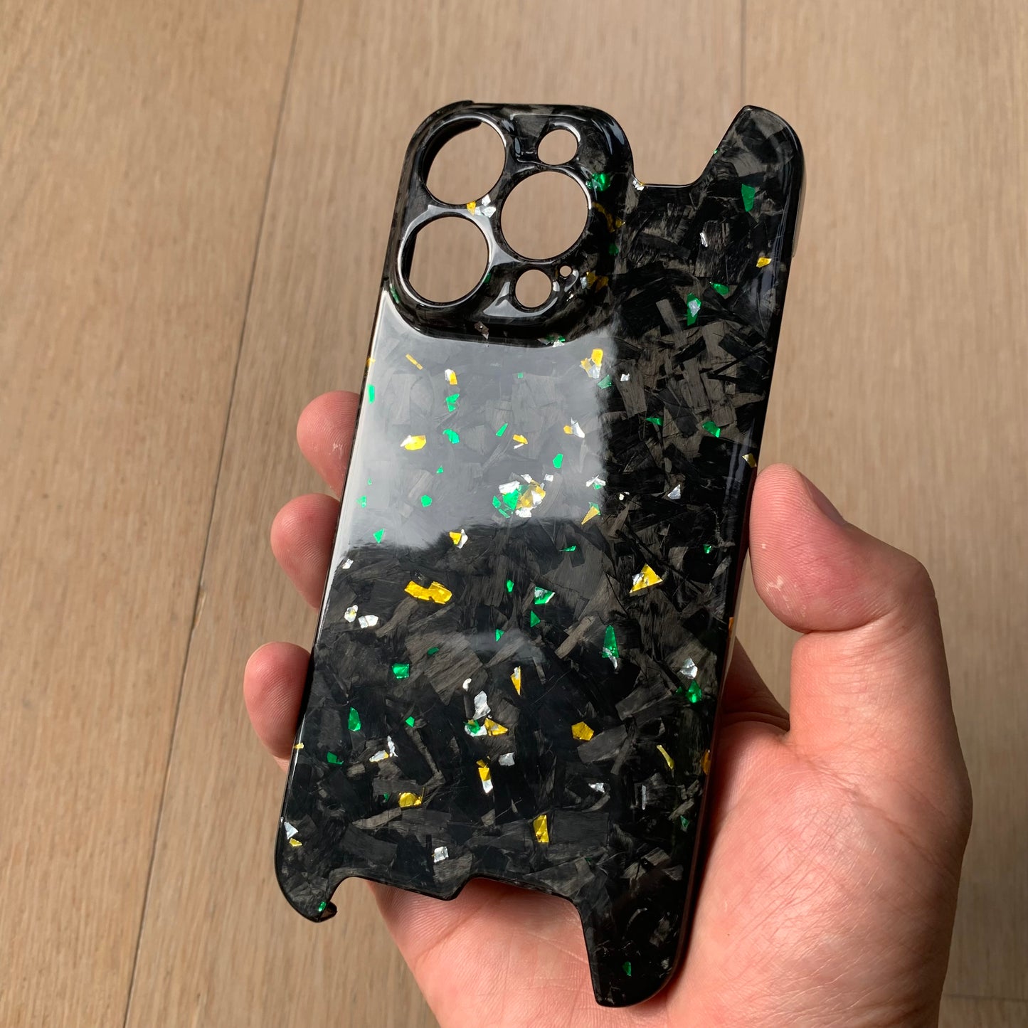 iPhone 14 15 Pro / Max Real Glossy Forged Carbon Case with Green/Gold/White Flakes