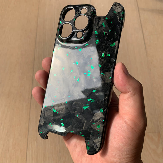 iPhone 14 15 Pro / Max Real Glossy Forged Carbon Case with Green Flakes