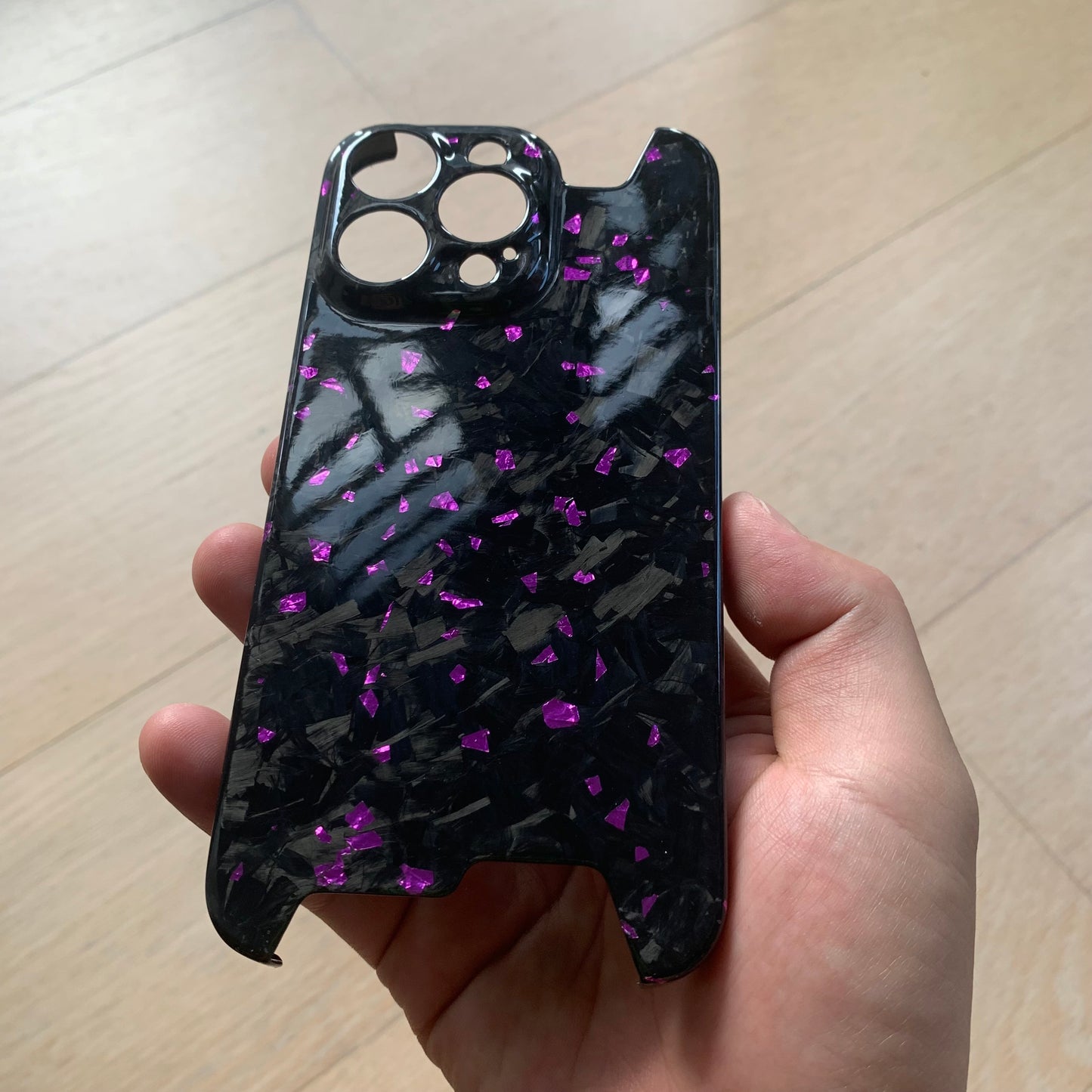 iPhone 13 14 15 Pro Max Real Forged Glossy Carbon Fiber Phone Case with Purple Fragments