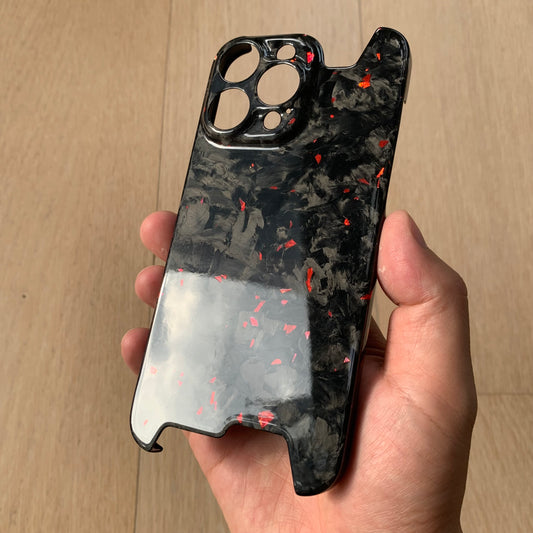 iPhone 14 15 Pro / Max Real Glossy Forged Carbon Case with Red Flakes