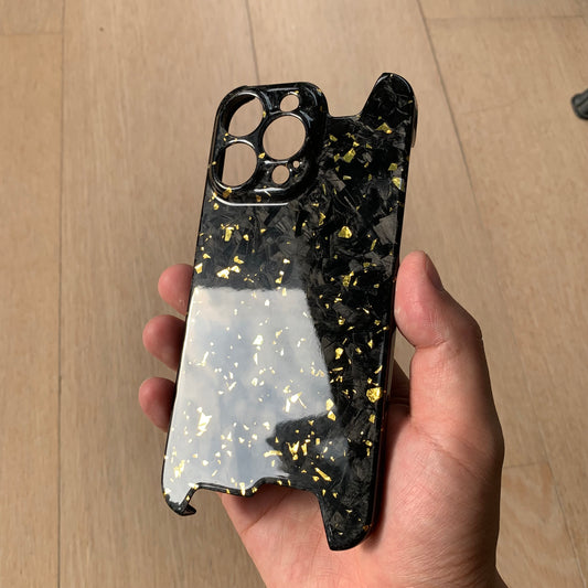 iPhone 14 15 Pro / Max Real Glossy Forged Carbon Case with Gold Flakes