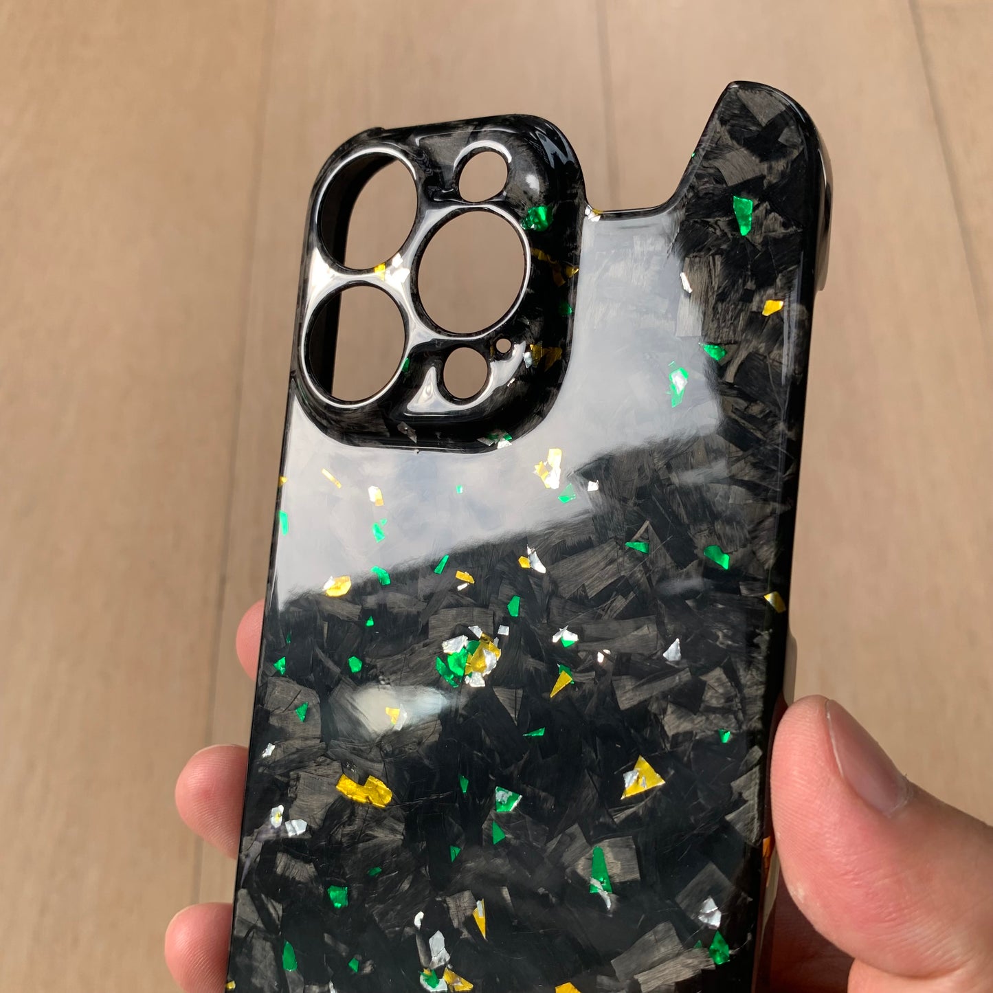 iPhone 14 15 Pro / Max Real Glossy Forged Carbon Case with Green/Gold/White Flakes